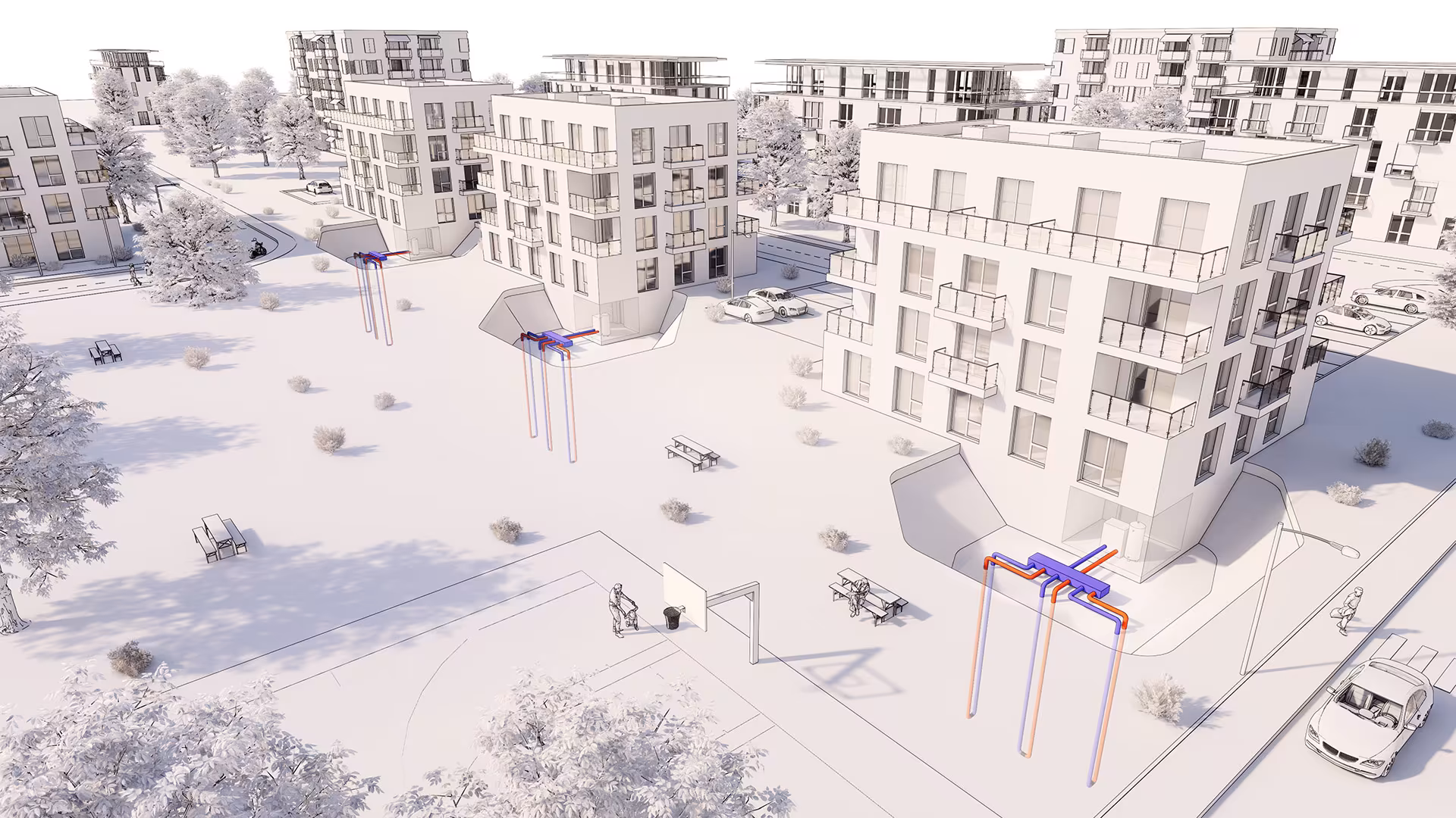 Boreholes and geothermal energy - visualized as architectural rendering.
