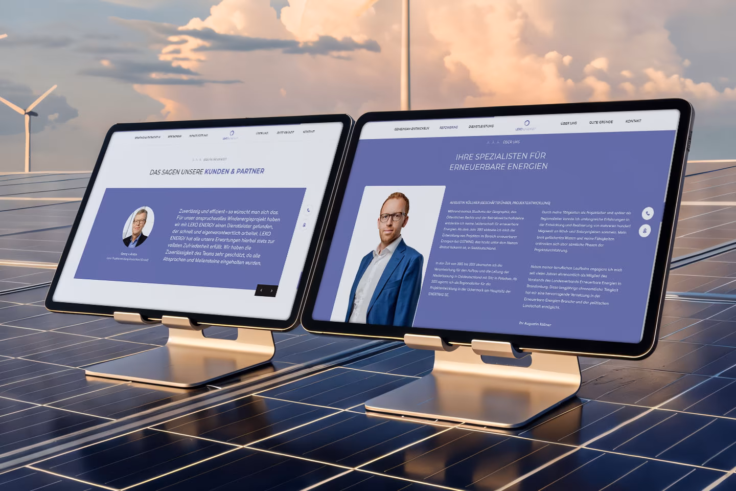 LEKO ENERGY Website &ndash; Kundenstimmen-Slider und &Uuml;ber-uns-Seite mit Team
