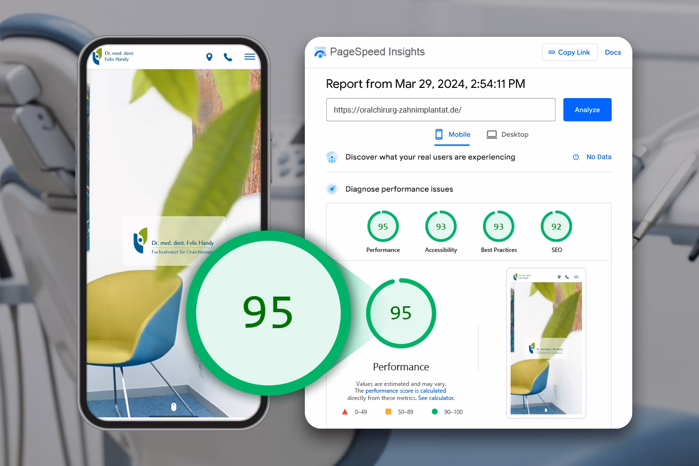 PageSpeed Insights Bericht mit Performance-Score 95 f&uuml;r die Zahnarzt-Webseite oralchirurg-zahnimplantat.de