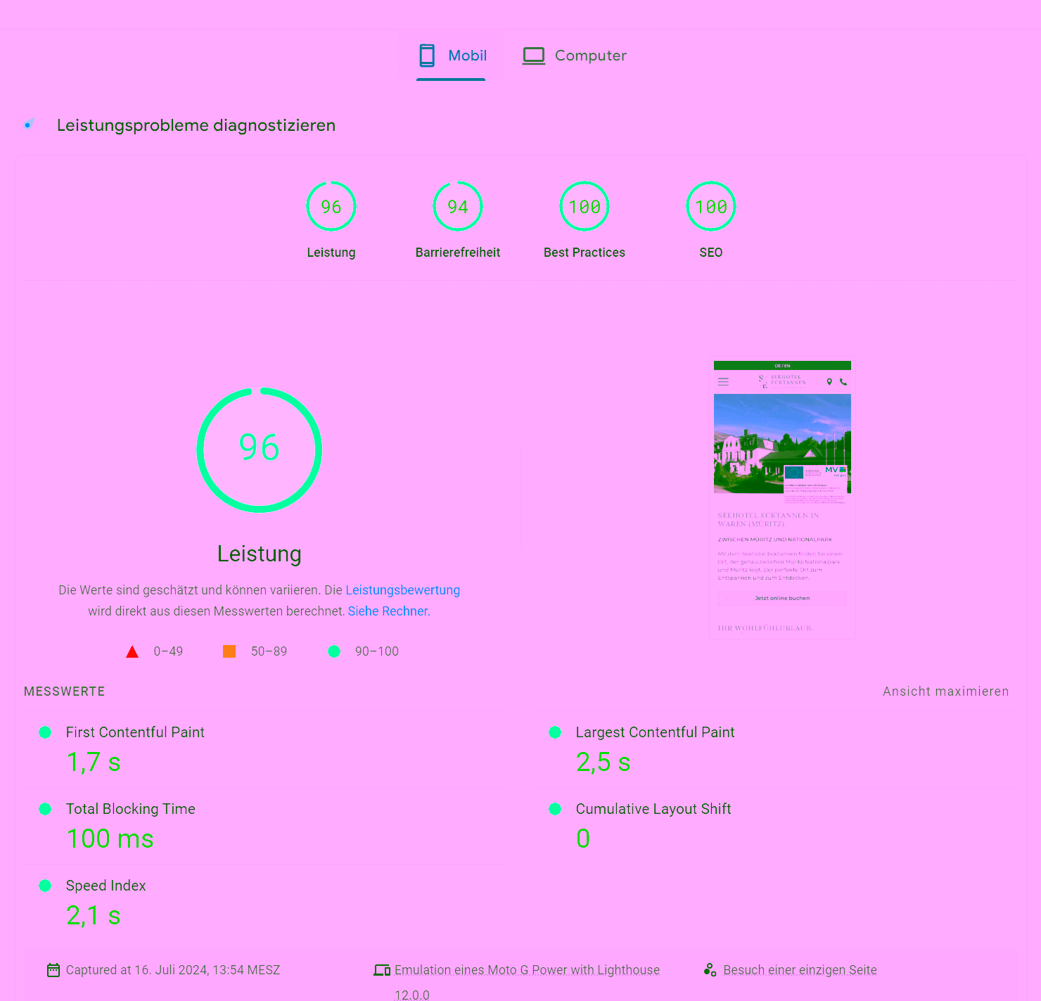 PageSpeed Insights Ecktannen Hotel