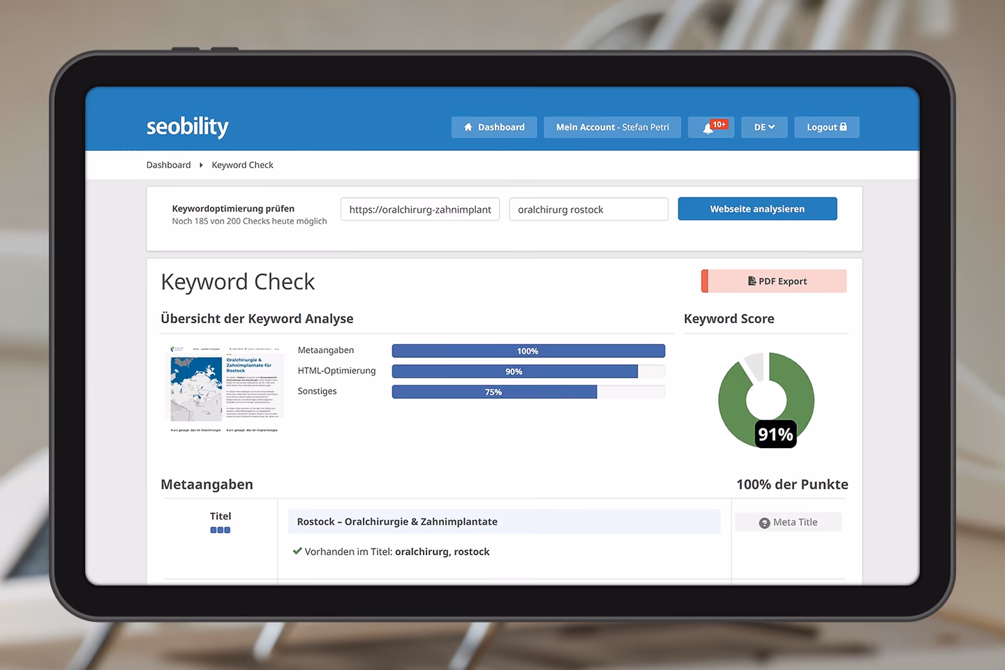 Seobility Keyword-Check mit SEO-Score 91 Prozent f&uuml;r das Keyword oralchirurg rostock
