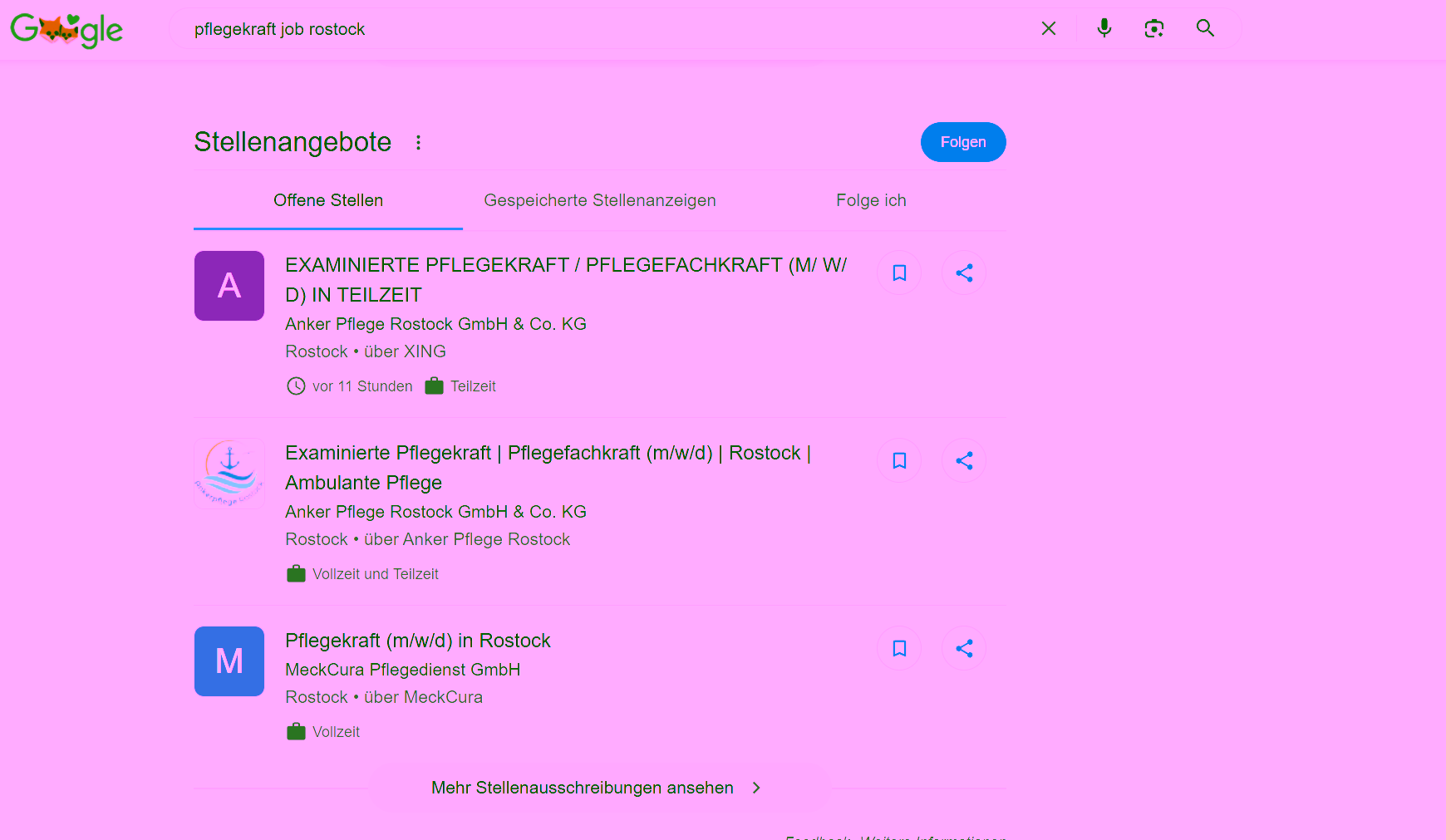 Stellenangebote-Snippet auf Google