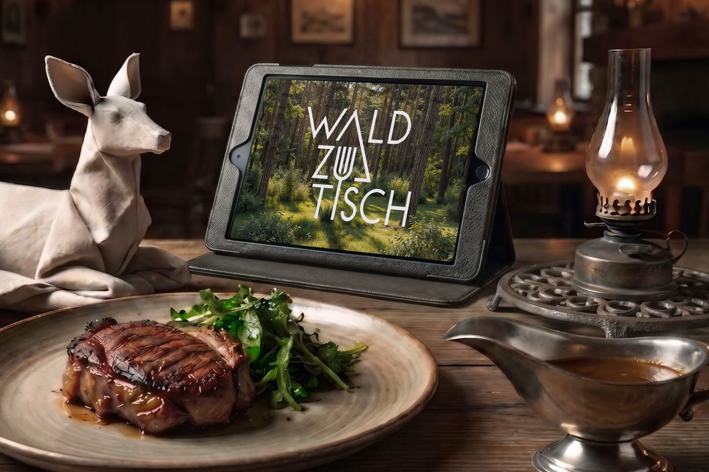 Online-Shop Wald zu Tisch auf Tablet mit Wildfleisch-Gericht und rustikaler Tischdekoration &ndash; Referenzprojekt der 4eck Media GmbH