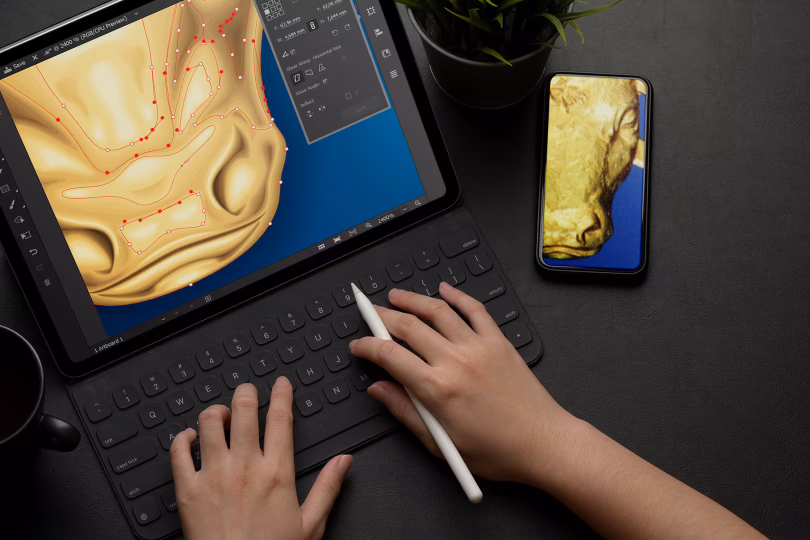 Grafikdesigner bearbeitet 3D-Wappen-Visualisierung auf Tablet mit Smartphone-Vorschau – Responsive Design und 3D-Gestaltung von 4eck Media