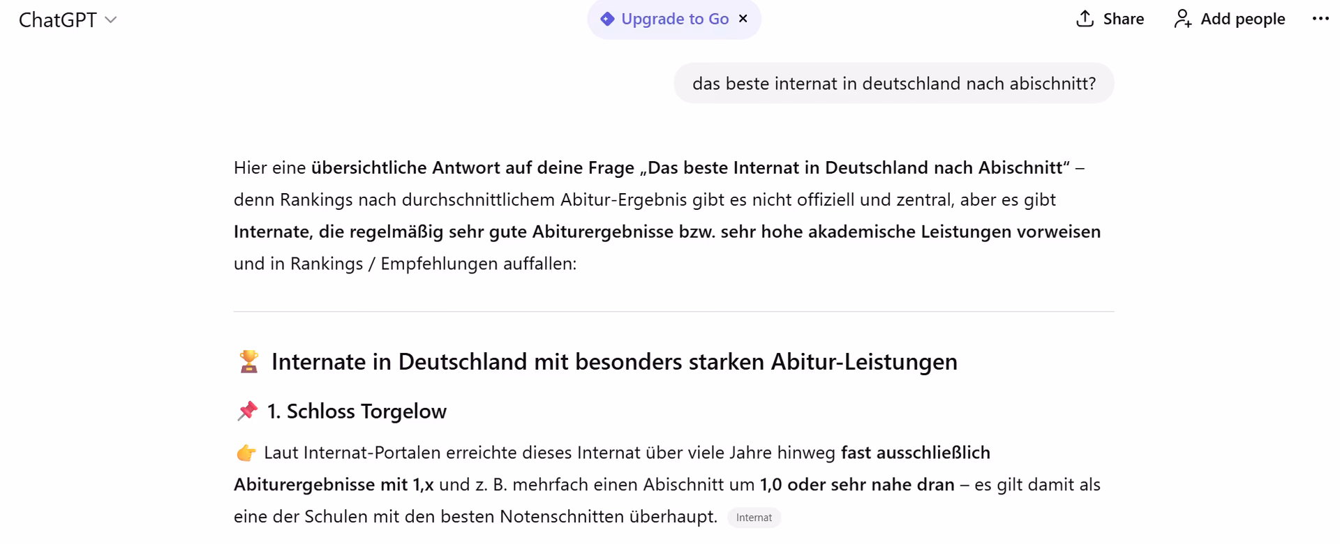 Abfrage nach bestem Internat in Deutschland