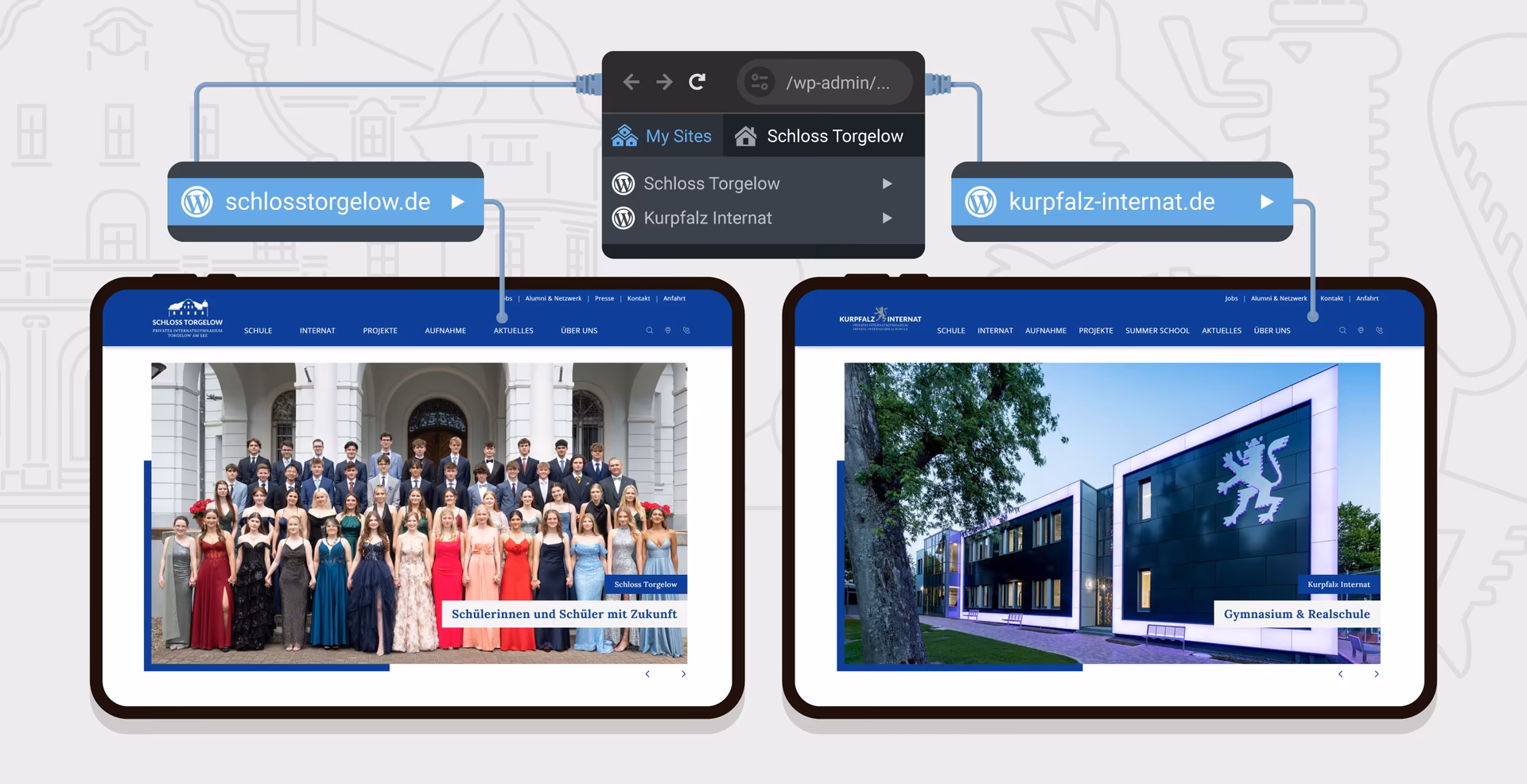 WordPress-MulitSite-Architektur f&uuml;r Schloss Torgelow und Kurpfalz-Internat