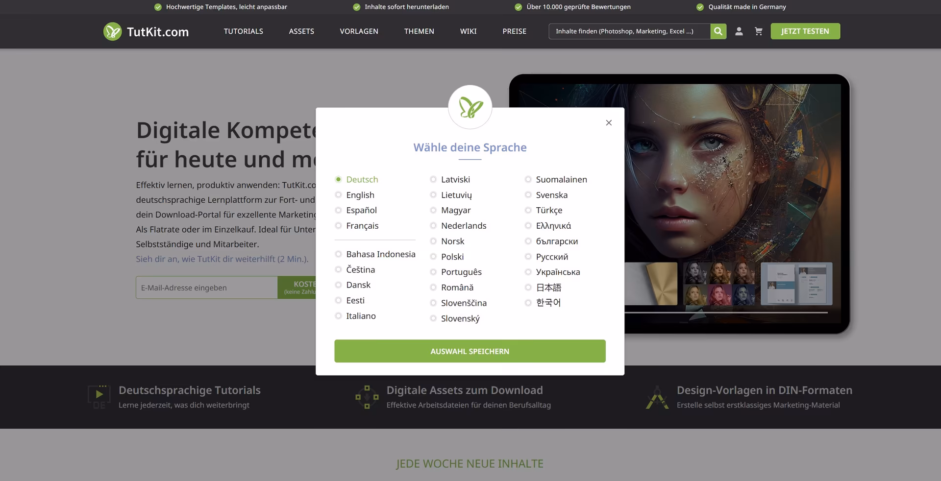 Mehrsprachige Website TutKit.com - Sprachauswahl mit 28 Sprachen f&uuml;r internationale SEO und globale Reichweite im E-Learning Portal