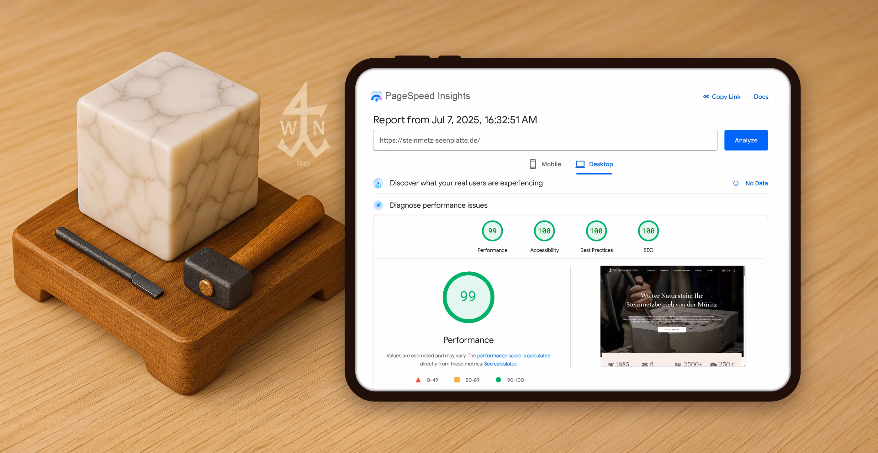 Onepager website for stonemason with perfect Google PageSpeed score 99-100 - fast loading times and optimal performance for craftsman website