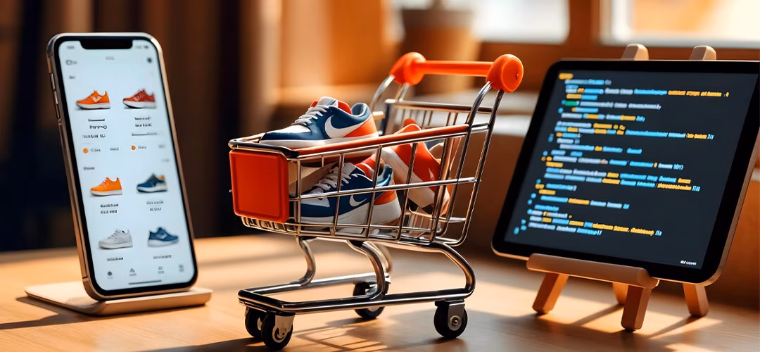Professionelle Online-Shop-Entwicklung: Smartphone mit Produktkatalog, Einkaufswagen mit Sneakers und Laptop mit Programmiercode symbolisieren die technischen Etappen der E-Commerce-Erstellung