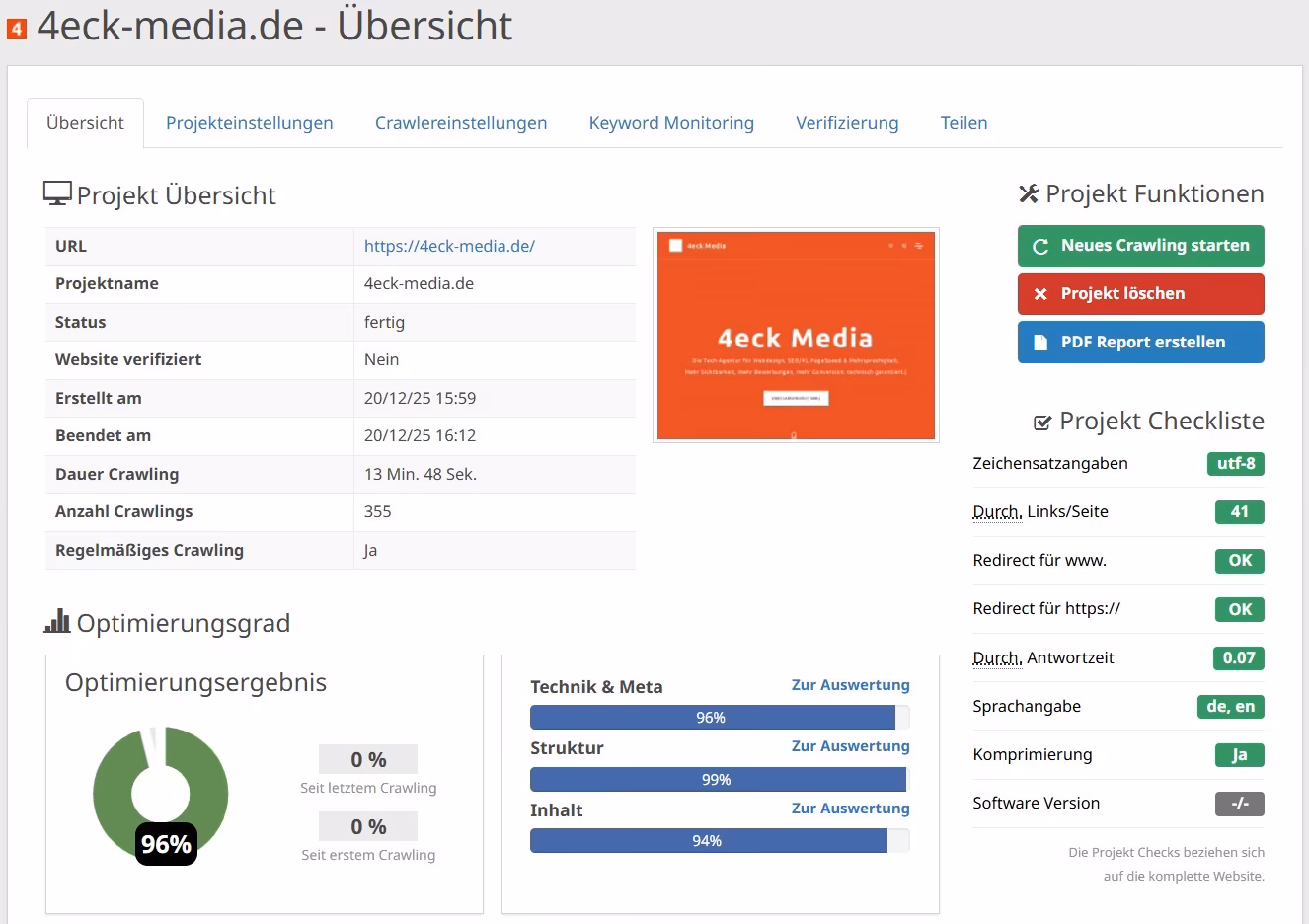 OnPage SEO Audit Dashboard - Website-Crawling mit 96% Optimierungsgrad, technische SEO-Analyse, Struktur-Check und Projekt-Checkliste f&uuml;r 4eck-media.de