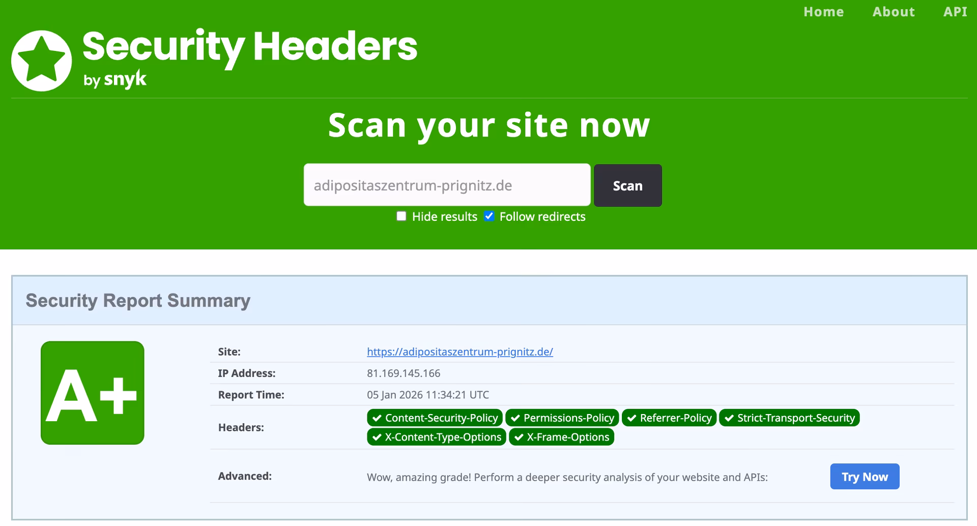SecurityHeaders mit A+