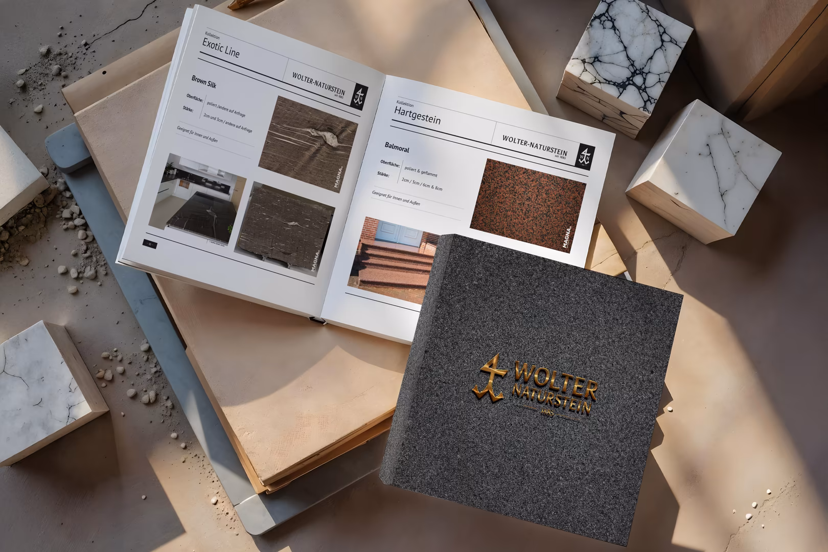 Produktkatalog mit Natursteinmaterialien