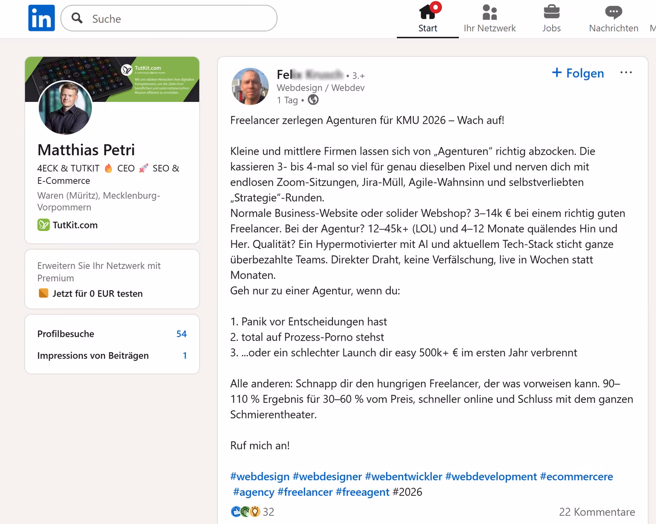 LinkedIn-Post zu Freelancer vs. Agenturen