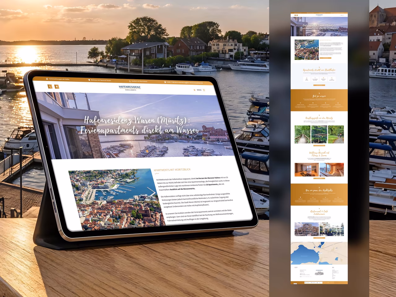 Website f&uuml;r Ferienwohnungen Hafenresidenz Waren M&uuml;ritz mit Blick auf den Hafen