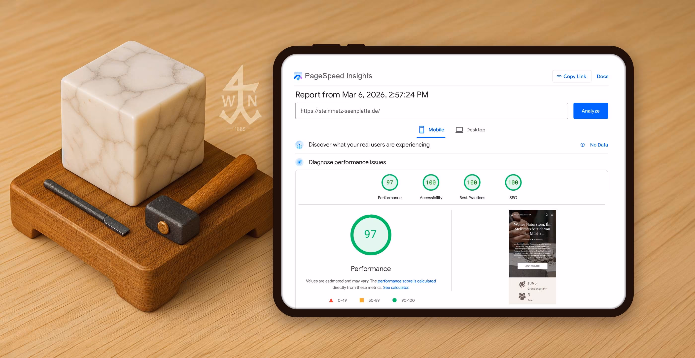 PageSpeed Analyse f&uuml;r Handwerker Website mit sehr guten Werten f&uuml;r Performance SEO und Barrierefreiheit