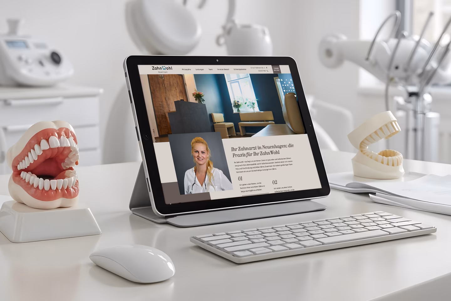 Websiteprojekt f&uuml;r ZahnWohl Neuenhagen, moderne Zahnarztpraxis, angezeigt auf einem Tablet in einer Praxisumgebung.