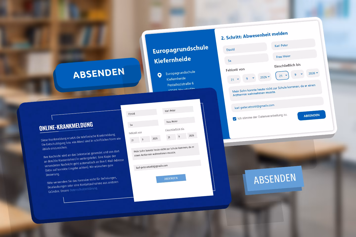 Benutzeroberfl&auml;che der Online-Abwesenheitsmeldung &ndash; Formular, Schulinfo und Absenden-Button