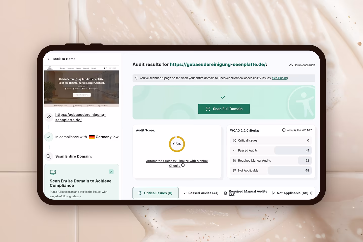 Barrierefreiheits-Audit nach WCAG 2.2 mit 95 Prozent f&uuml;r gebaeudereinigung-seenplatte.de