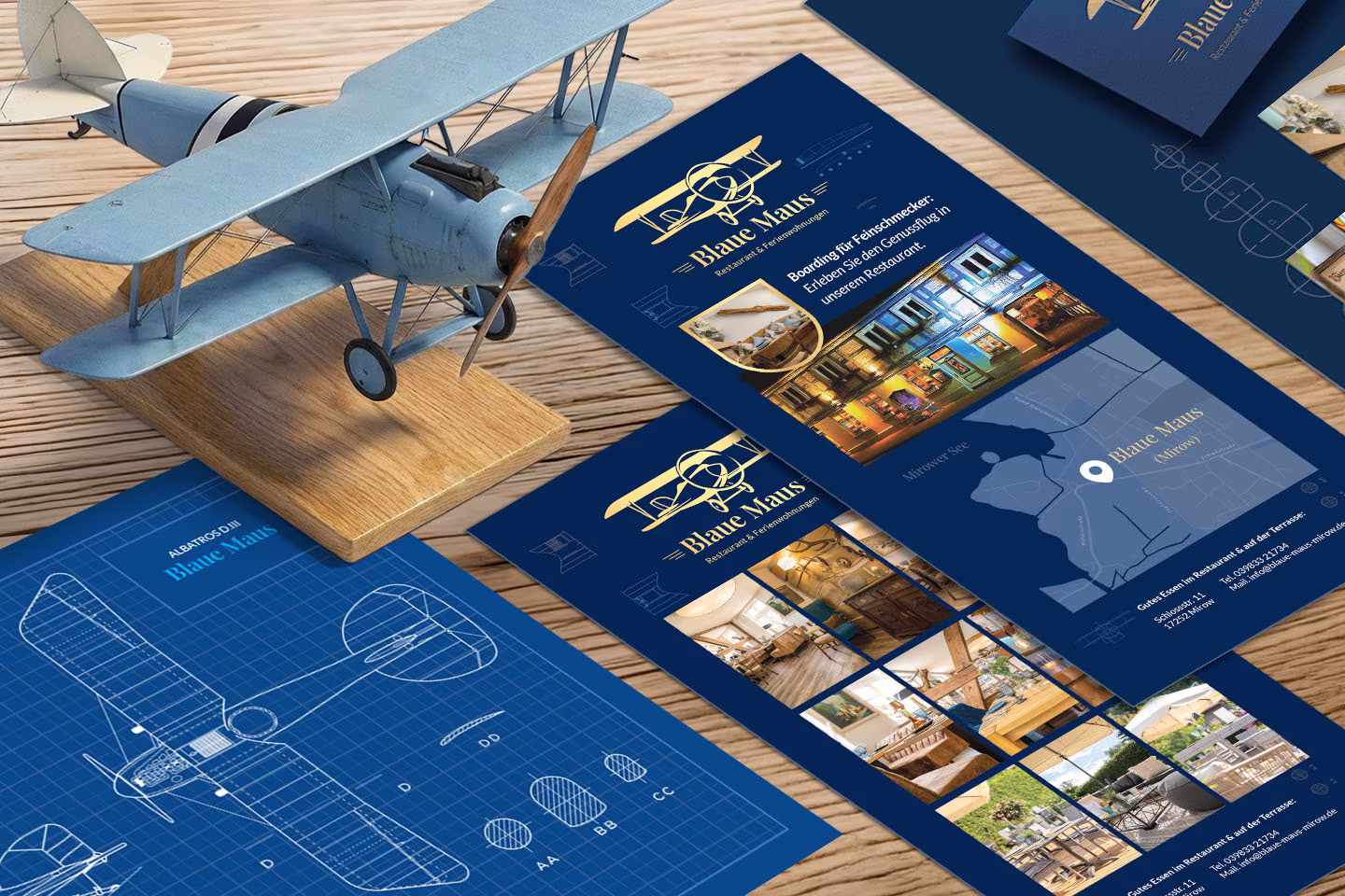 Flyer und Print-Design f&uuml;r Restaurant Blaue Maus Mirow mit vektorisierten Albatros DIII Konstruktionszeichnungen