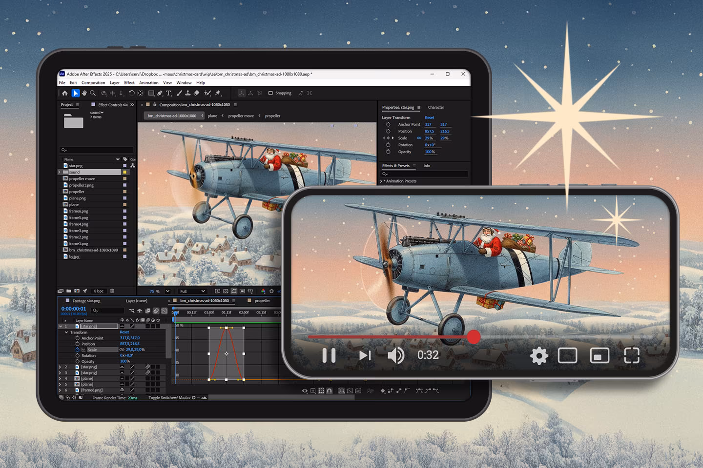 Animiertes Social-Media-Element f&uuml;r Blaue Maus Mirow erstellt in Adobe After Effects mit weihnachtlichem Doppeldecker-Motiv