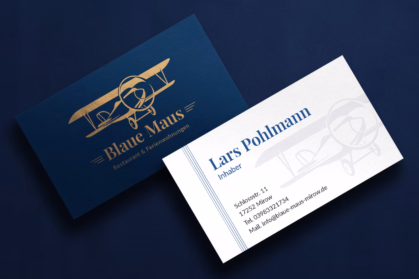 Visitenkarten Vor- und R&uuml;ckseite f&uuml;r Inhaber Lars Pohlmann vom Restaurant Blaue Maus Mirow