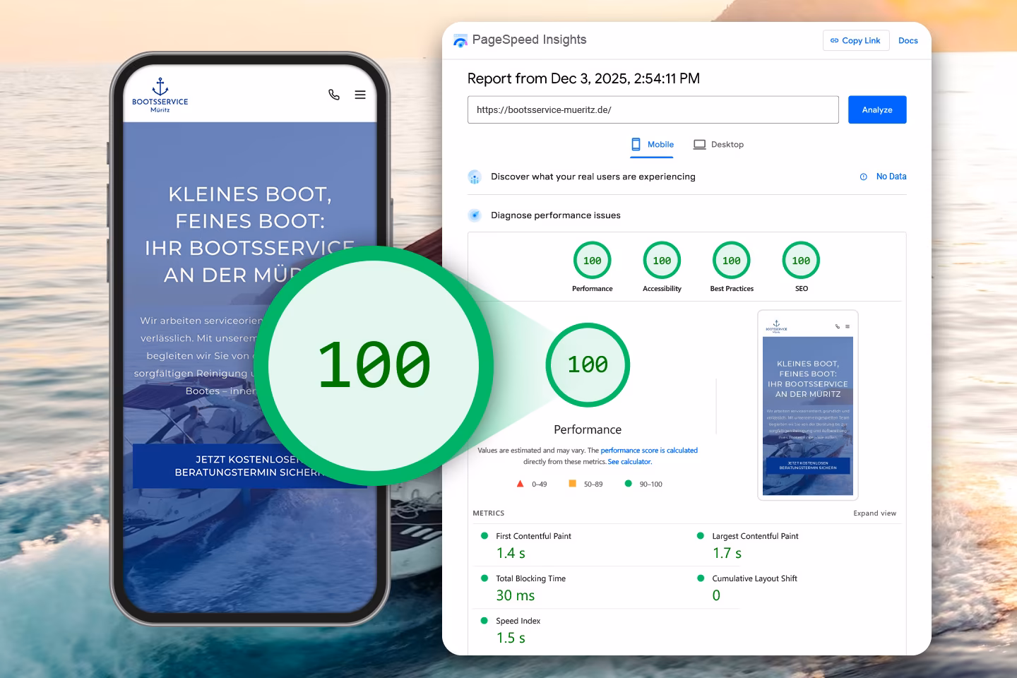 Bootsservice M&uuml;ritz erreicht PageSpeed 100 mobil &ndash; Lighthouse-Ergebnis mit allen Kategorien auf 100