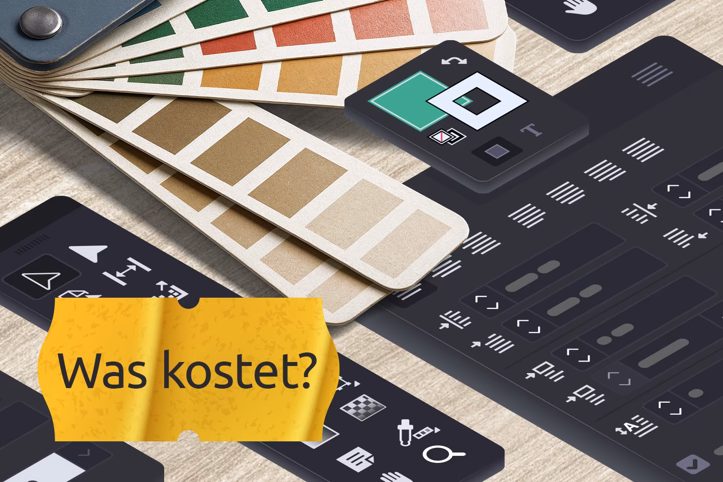 Farbf&auml;cher und Designwerkzeuge f&uuml;r die professionelle Brosch&uuml;rengestaltung mit Preisschild &bdquo;Was kostet?" von 4eck Media