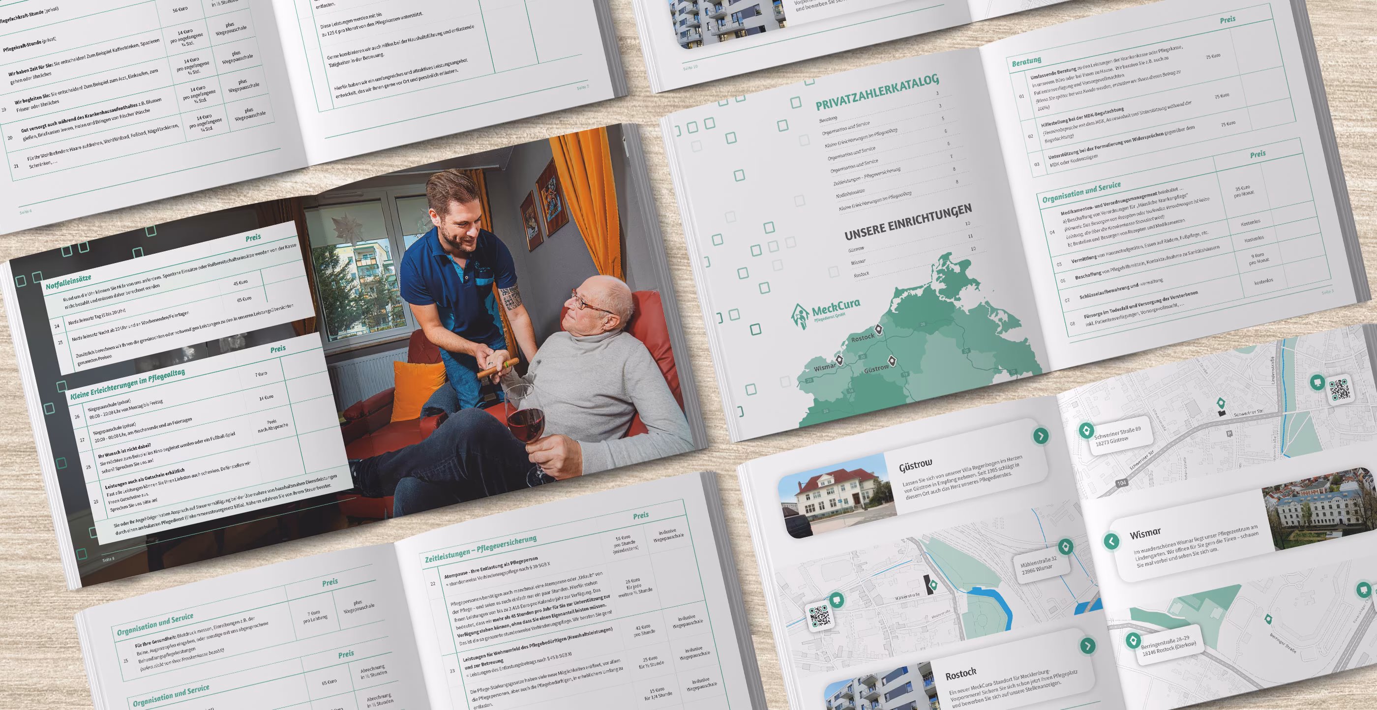 Titelseite der MeckCura Pflegedienst-Brosch&uuml;re mit Pflegekraft und Seniorin sowie aufgeklappte Innenseiten mit Standortkarten f&uuml;r G&uuml;strow, Wismar und Rostock, gestaltet von 4eck Media