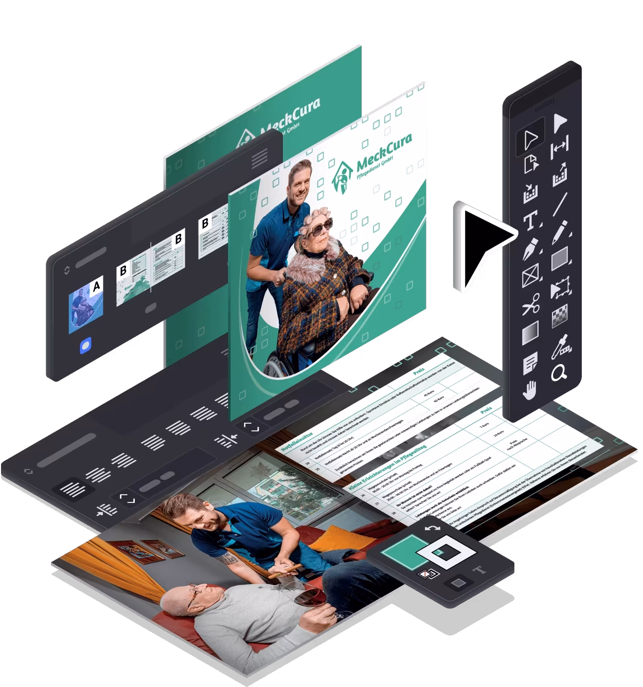 Professionell gestaltete Broschüre für den MeckCura Pflegedienst als Beispiel für Printdesign von 4eck Media