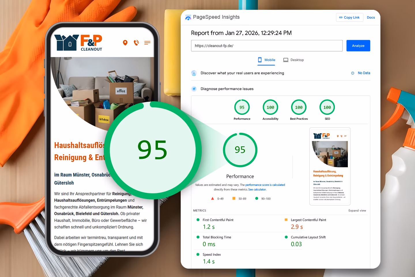Google Lighthouse PageSpeed Score 95 mobil f&uuml;r den Cleanout F&P OnePager mit Core Web Vitals