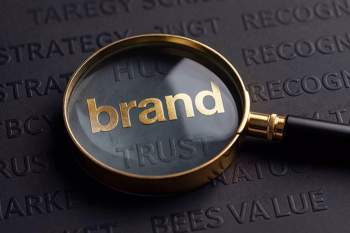 Goldene Lupe vergr&ouml;&szlig;ert das Wort Brand auf schwarzem Hintergrund umgeben von Begriffen wie Strategy, Trust, Recognition und Value als Symbol f&uuml;r Corporate Design und Markenaufbau