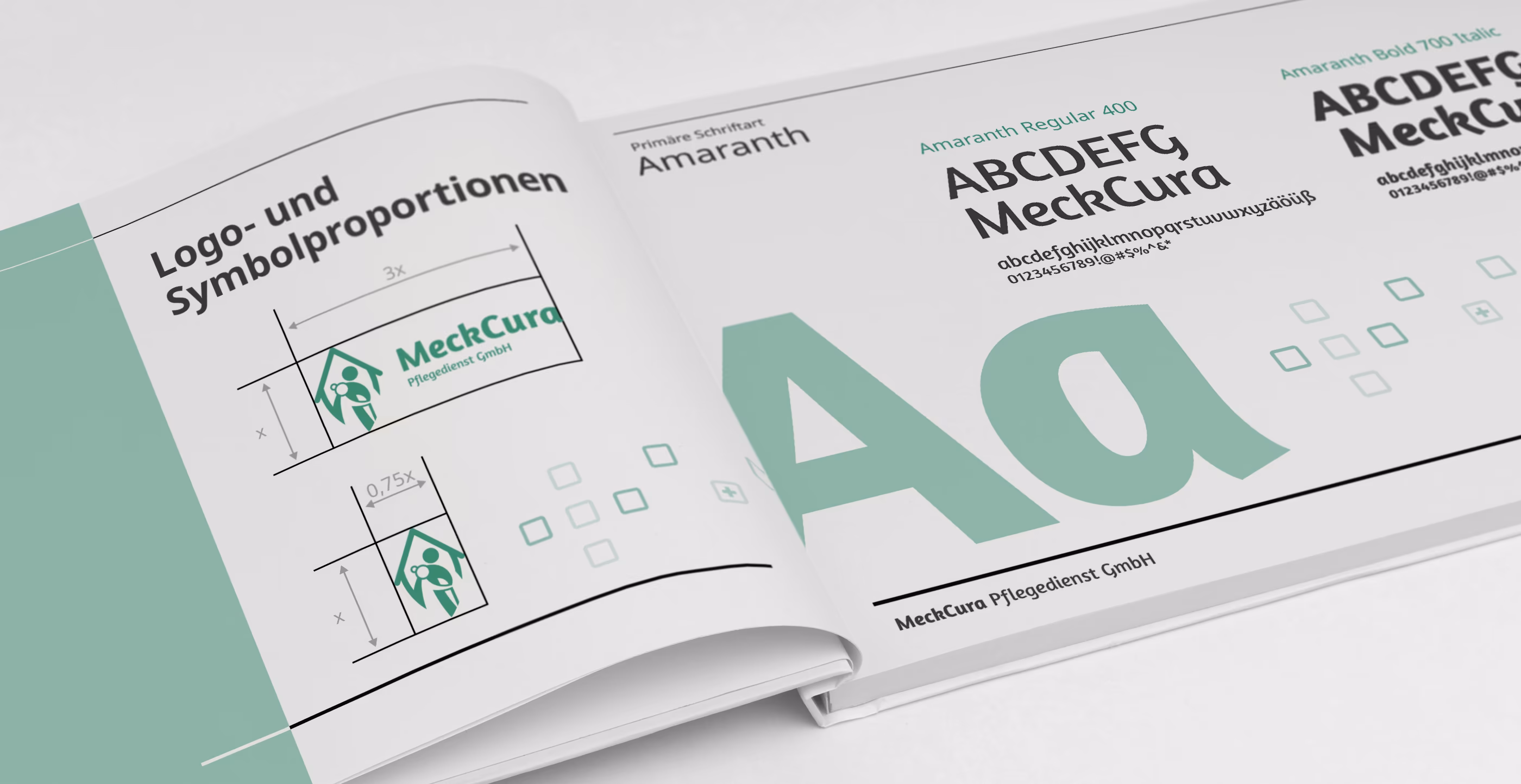 Corporate Design Brand Manual f&uuml;r MeckCura Pflegedienst GmbH mit Logo-Proportionen und prim&auml;rer Schriftart Amaranth in Gr&uuml;n