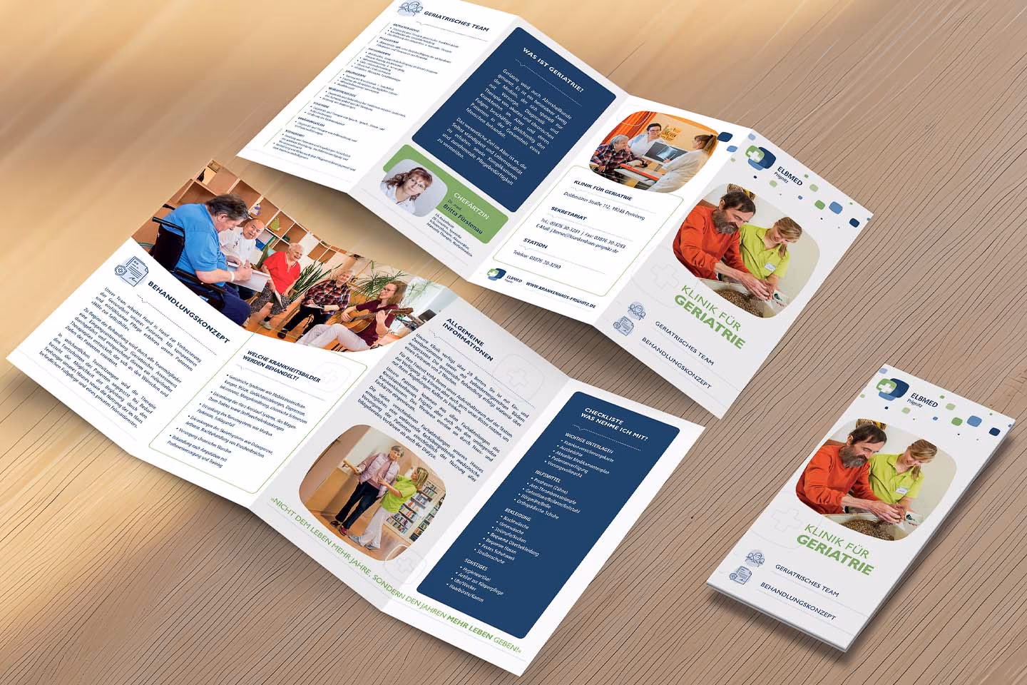 Informationsflyer der Klinik f&uuml;r Geriatrie im ELBMED Kreiskrankenhaus Prignitz &ndash; Wickelfalz mit Behandlungskonzept