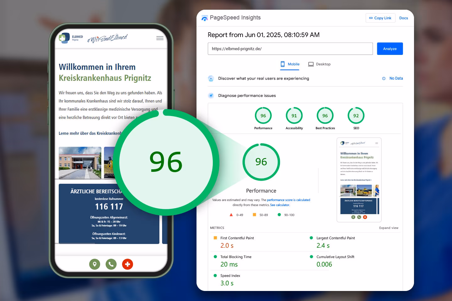 ELBMED Prignitz Website mit PageSpeed Score 96 &ndash; mobile Ansicht und Google PageSpeed Insights Ergebnis