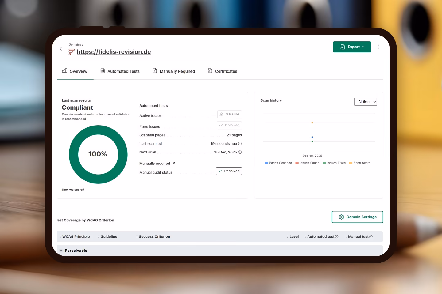Barrierefreiheits-Scan der Fidelis-Website mit 100 Prozent Compliance-Score &ndash; 0 aktive Issues bei 21 gepr&uuml;ften Seiten nach WCAG-Kriterien