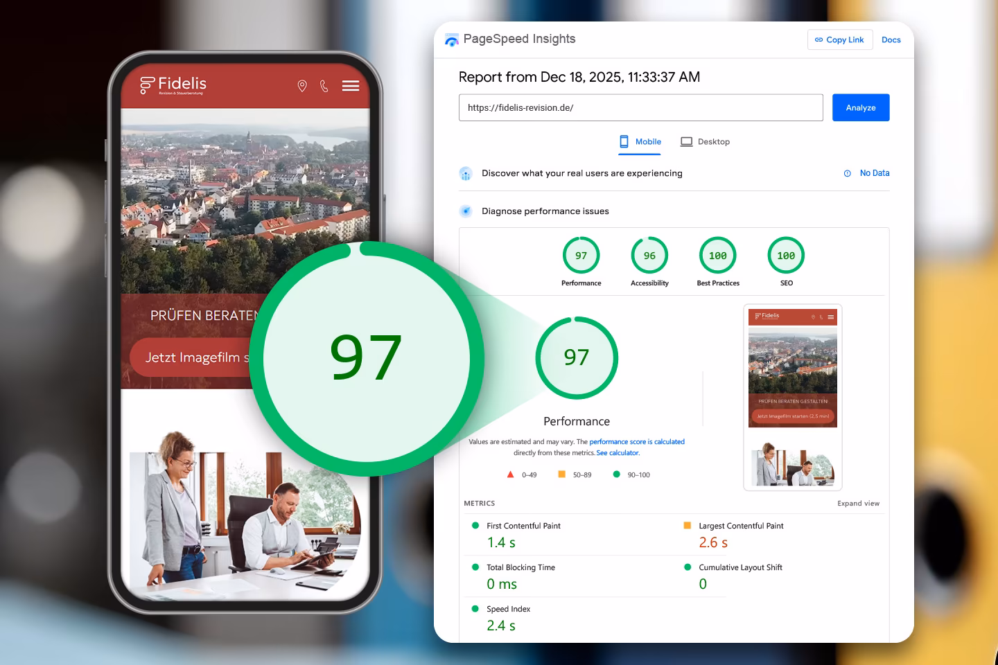 Mobile Ansicht der Fidelis-Website mit Google PageSpeed Insights Score von 97 &ndash; Performance, Accessibility 96, Best Practices und SEO jeweils 100