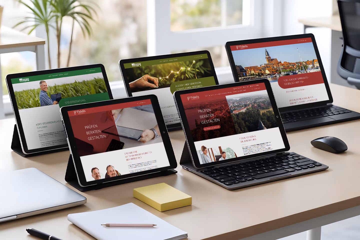 F&uuml;nf Unternehmenswebsites der Fidelis-Gruppe auf Tablets &ndash; AGRO Steuerberatung, AGPV, Fidelis Revision, Fidelis Rechtsberatung und Fidelis Unternehmensberatung in einem WordPress-MultiSite-System