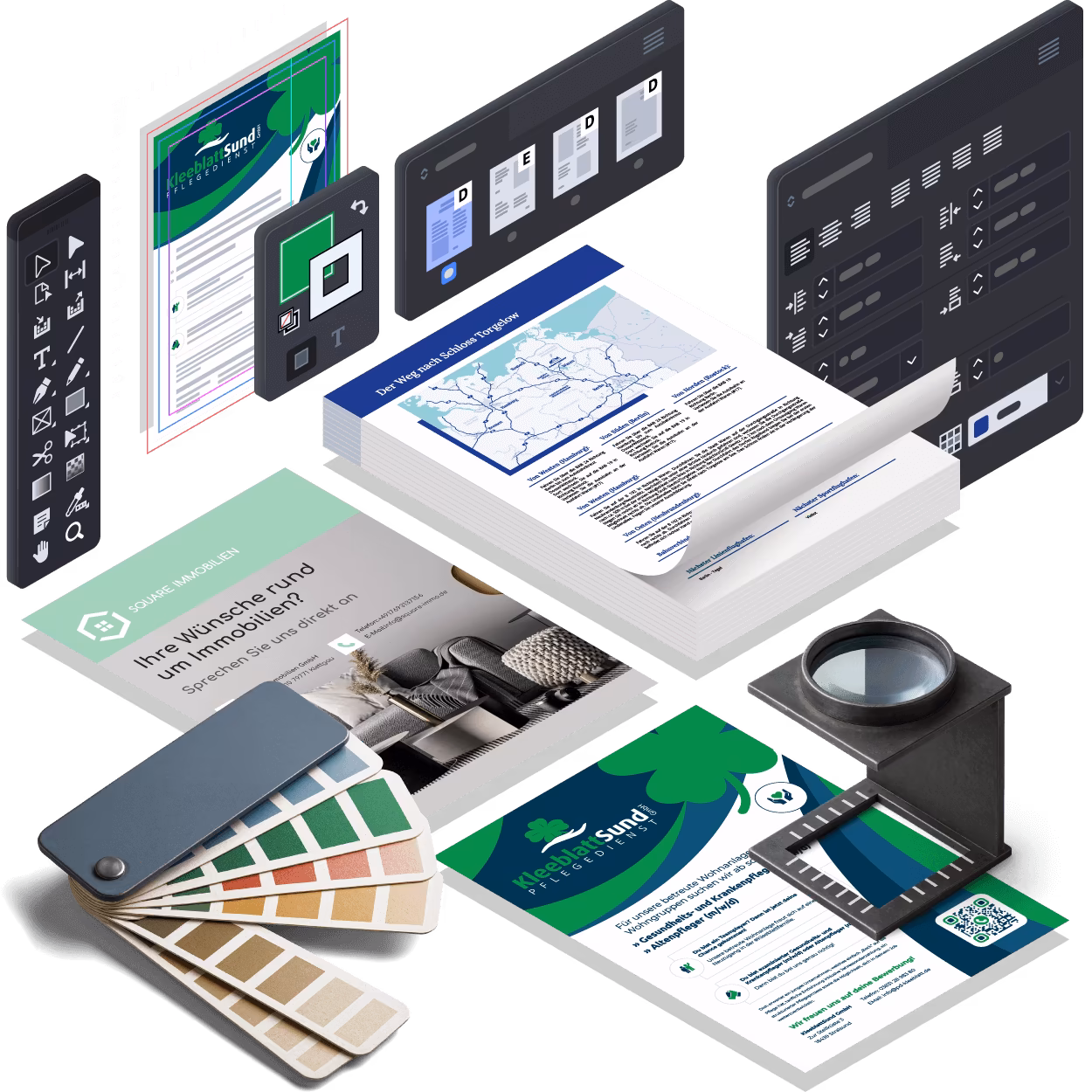 Flyer gestalten lassen – professionelle Flyer-Layouts für Square Immobilien und KleeblattSund Pflegedienst, erstellt von 4eck Media mit Farbfächer und Druckvorbereitung