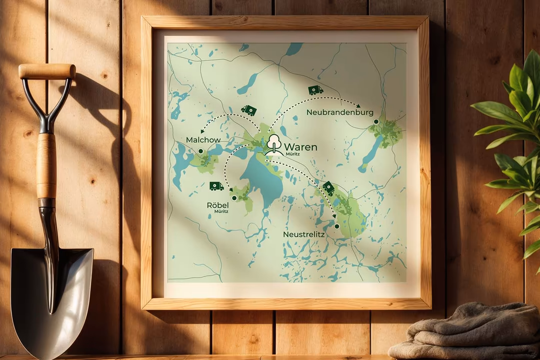 Illustrierte Karte des GALA M&uuml;ritz Einsatzgebiets mit Waren, Malchow, R&ouml;bel, Neustrelitz und Neubrandenburg
