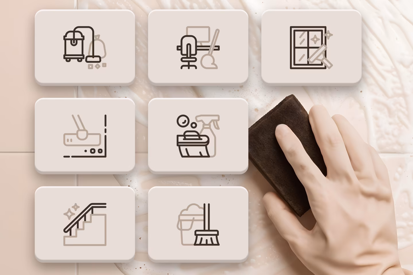 Individuelle Icons f&uuml;r Reinigungsleistungen: Teppichreinigung, B&uuml;roreinigung, Fensterreinigung, Bodenreinigung, Reinigungsmittel, Treppenhaus und Grundreinigung