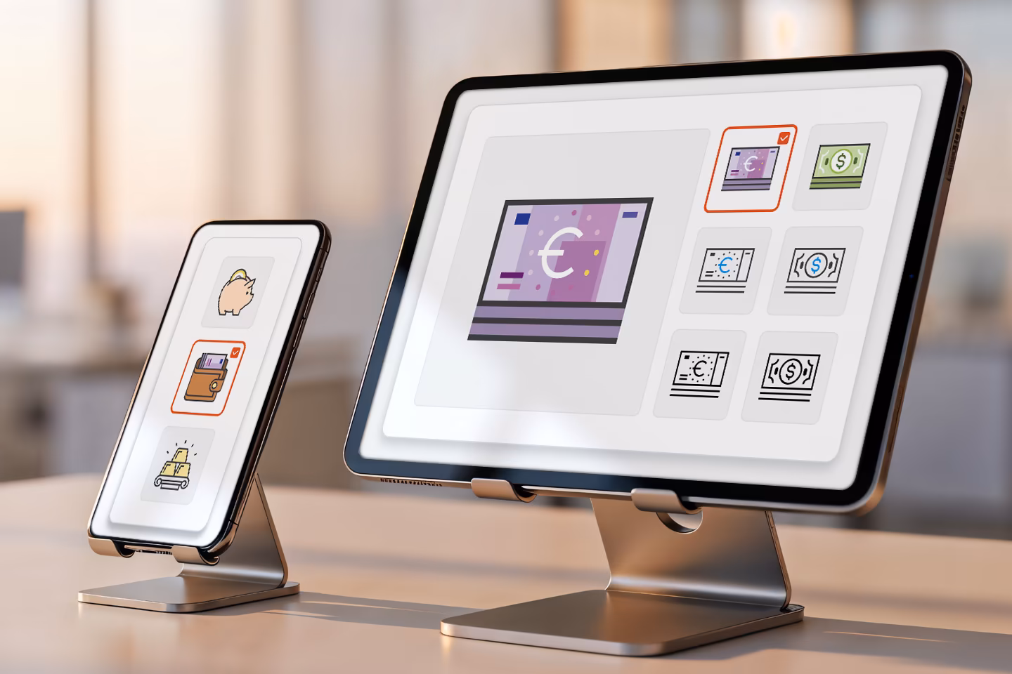 Illustratives Icon-Set f&uuml;r Finanz- und Bezahlmethoden: Symbole f&uuml;r Bargeld, Karten, Sparschwein und digitale Zahlung in duotonem Farbsystem f&uuml;r Mobile und Desktop