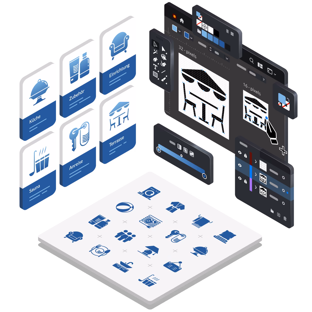 Individuelle Icons erstellen lassen – maßgeschneiderte Icon-Sets für Ferienwohnungen in Blau, gestaltet im Pixel-Grid bei 16px und 32px, entwickelt von 4eck Media