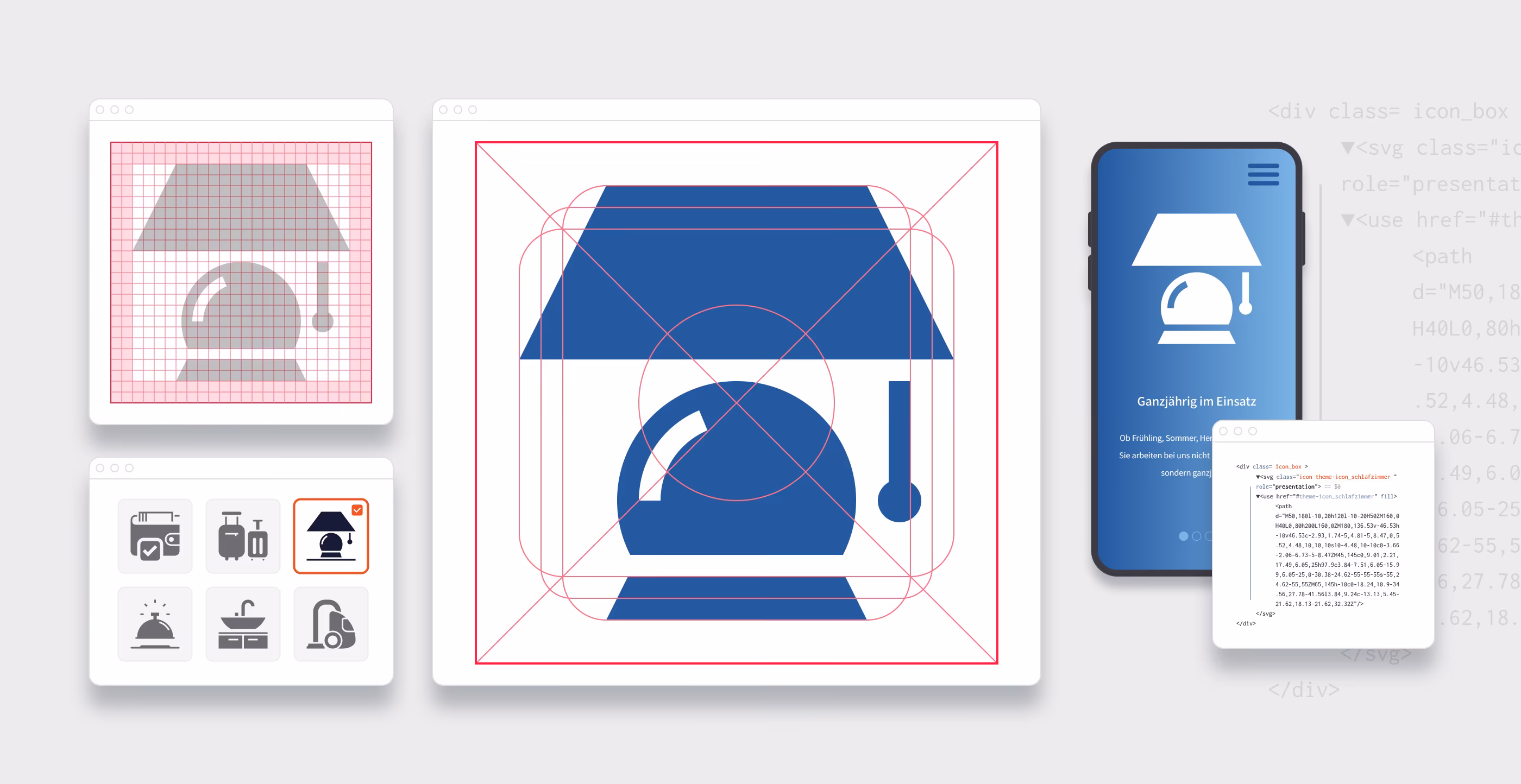 Individuelles Icon-Design von 4eck Media: Konstruktion eines Lampen-Icons auf Pixel-Grid mit Vektor-Reinzeichnung und SVG-Integration