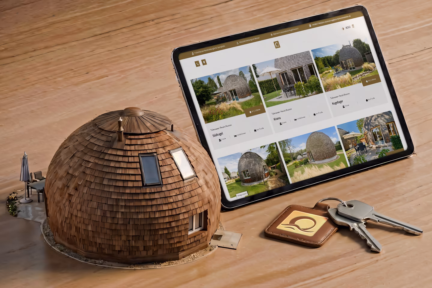 &Uuml;bersichtsseite aller zw&ouml;lf Kugelh&auml;user am Tollensesee mit Fotos, Ausstattung und Buchungsoption auf dem Tablet