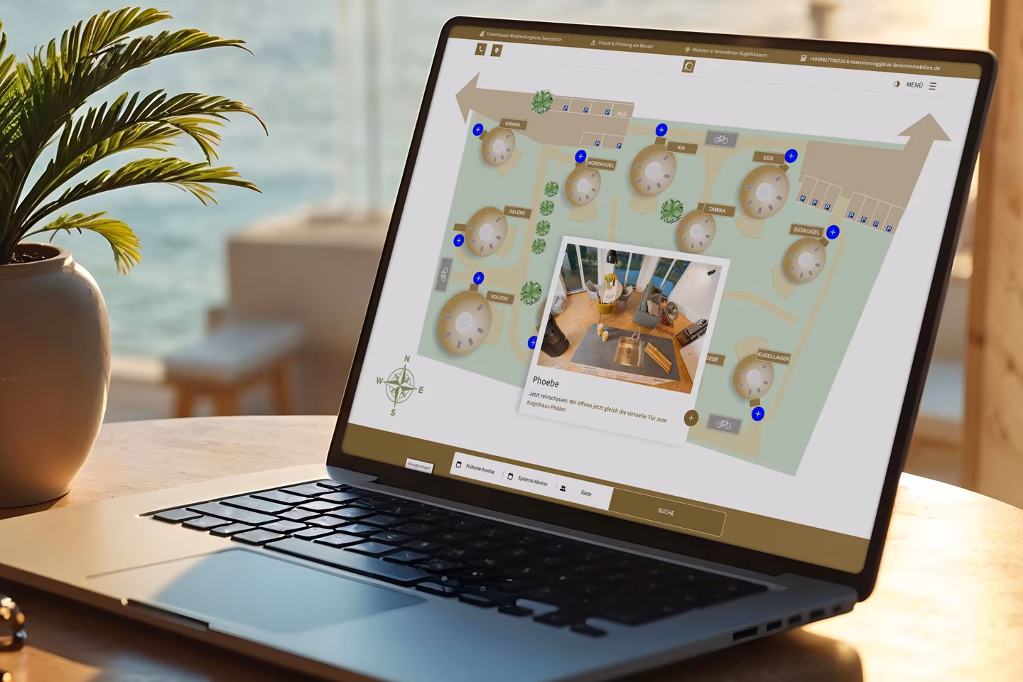 Interaktiver Lageplan der Kugelhaus-Anlage am Tollensesee mit Popup-Vorschau und Fotos des Kugelhauses Phoebe