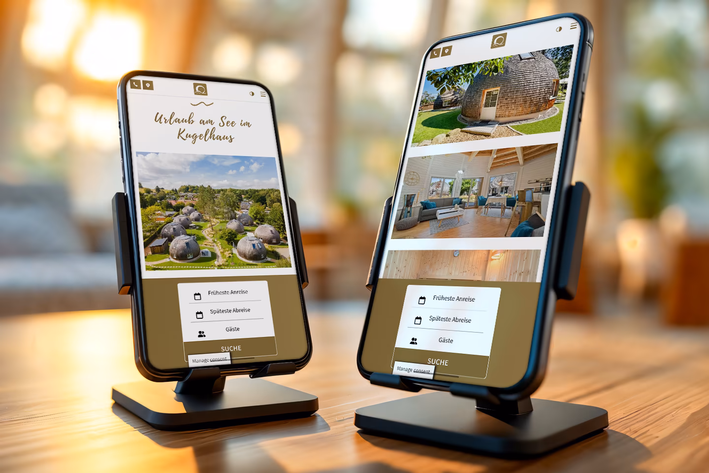 Mobile Website-Ansichten der Kugelh&auml;user am Tollensesee auf zwei Smartphones &ndash; Startseite und Innenansicht mit Buchungsleiste