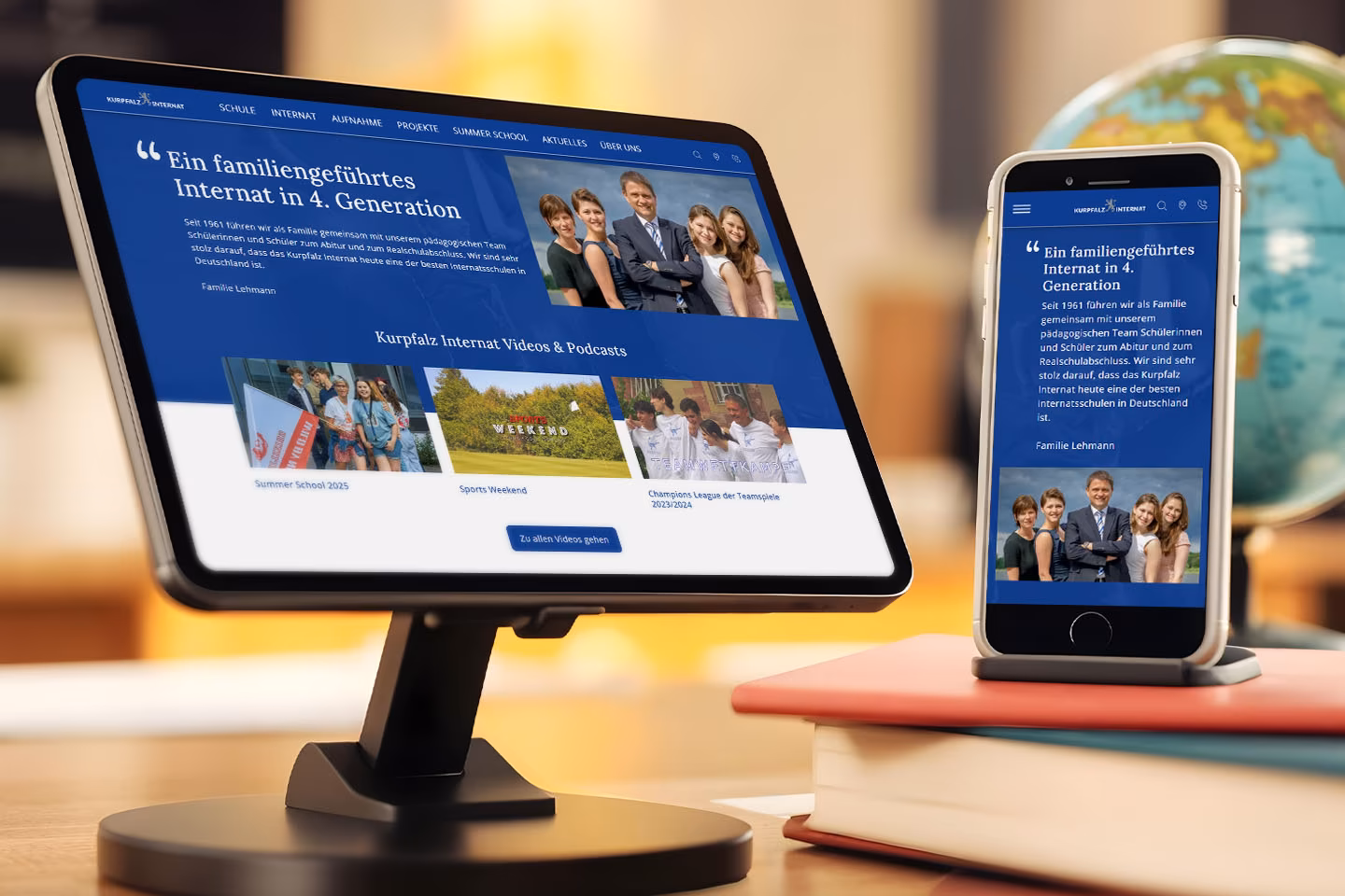 Responsive Darstellung der Kurpfalz-Internat Website auf Tablet und Smartphone mit Familienportrait und Videogalerie