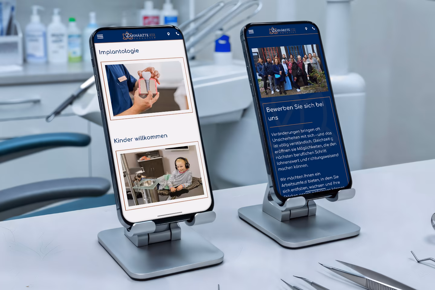 Mobile Ansicht der Leistungsseiten Implantologie und Kinder willkommen sowie der Karriereseite