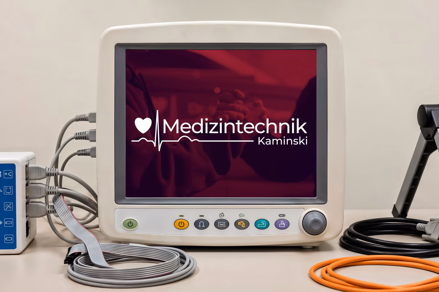 Logo von Medizintechnik Kaminski auf einem Patientenmonitor mit angeschlossenen Kabeln