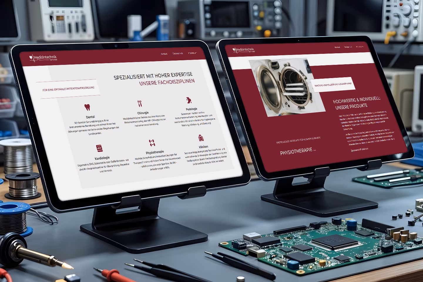 WordPress-Website von Medizintechnik Kaminski auf zwei Tablets mit Fachdisziplinen und Produkt&uuml;bersicht